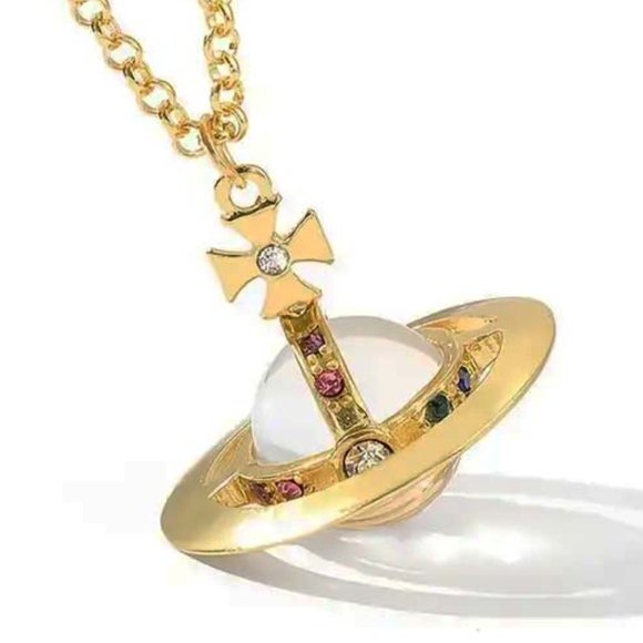 VIVIENNE WESTWOOD STYLE SATURN GLASS GLOBE MALTESE CROSS NECKLACE 49 - Picture 3 of 4